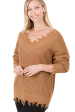 Load image into Gallery viewer, Distressed Waffle Sweater in Camel
