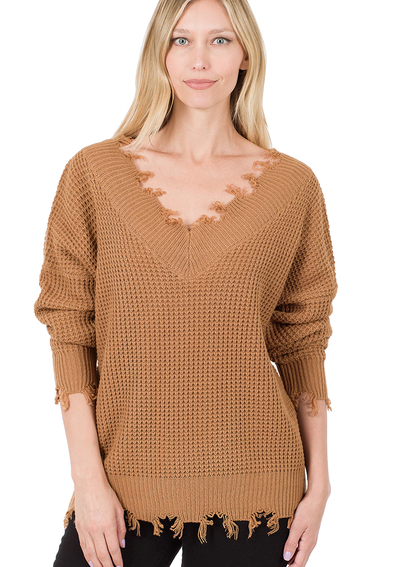 Distressed Waffle Sweater in Camel
