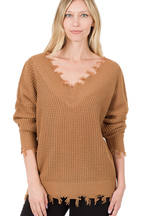 Load image into Gallery viewer, Distressed Waffle Sweater in Camel

