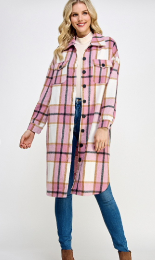 Long Plaid Shacket in Pink Tones