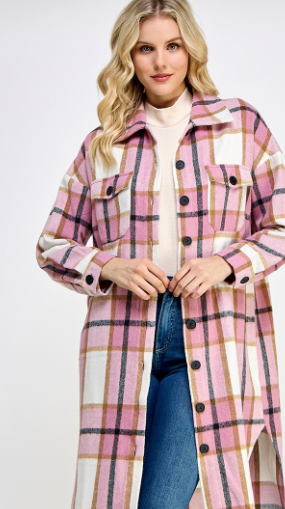 Long Plaid Shacket in Pink Tones