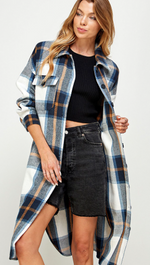 Load image into Gallery viewer, Long Plaid Shacket in Navy Tones
