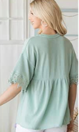 Sage Babydoll Print Top with Crochet Sleeves