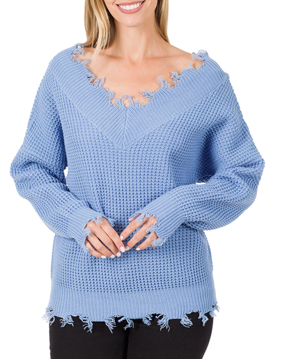 Distressed Waffle Sweater in Spring Blue