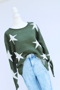 Distressed Star Sweater in Army Green